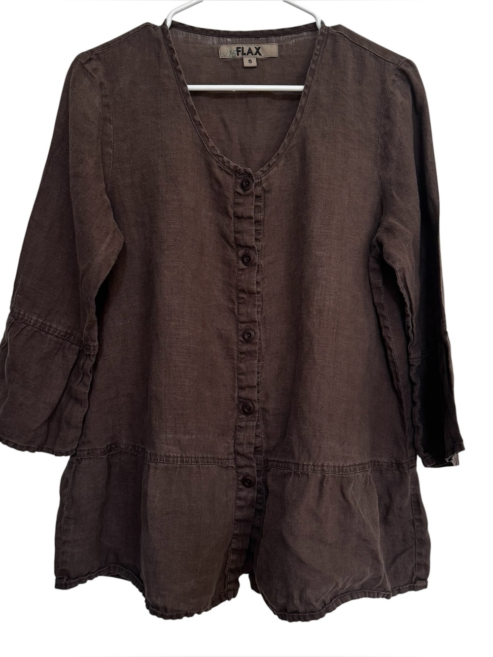 Flax Women’s Brown Blouse 100% Linen Size S Button Down 3/4 Sleeves